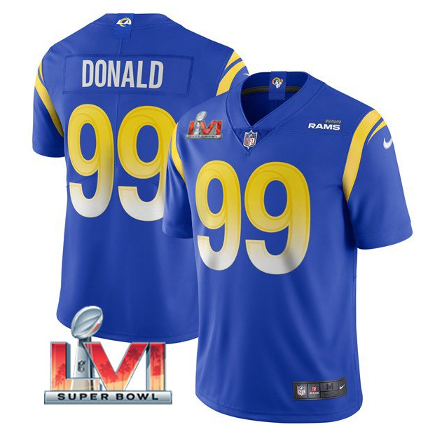 Men's Los Angeles Rams #99 Aaron Donald 2022 Royal Super Bowl LVI Vapor Limited Stitched Jersey Men's Los Angeles Rams #99 Aaron Donald 2022 Royal Super Bowl LVI Vapor Limited Stitched Jersey